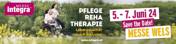 Abgebildet ist der Banner der integra 2024. Österreichs Fachmesse für Pflege, Reha, Therapie findet von 5. bis 7. Juni in der Messe Wels statt.